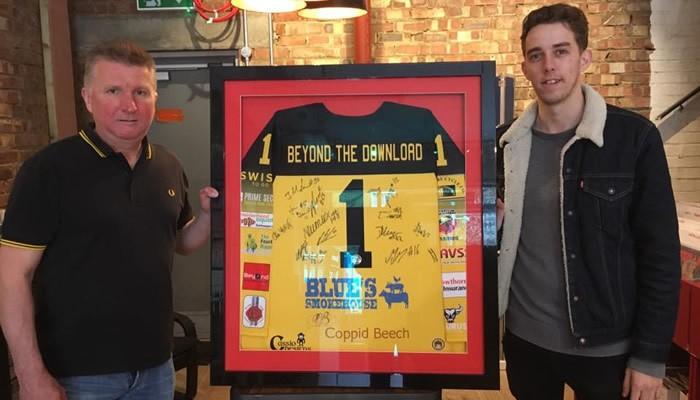 Beyond the Download Record Shop Wokingham presentation of signed Bracknell Bees ice hockey shirt