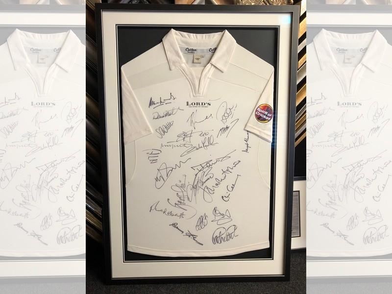 A MCC Lords shirt signed by a ex-international cricketers Sir Ian Botham, Devon Malcolm and many more. Framed with a Matt black moulding with silver edges.