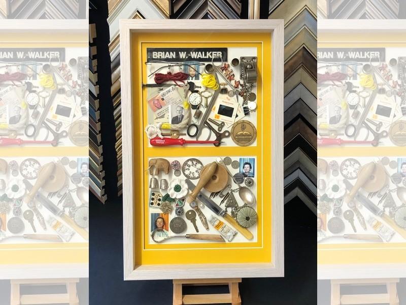A husband and wifeâ€™s collection of memories, framed with a light grey box frame, mounted and glazed with Tru Vue reflection control glass.
