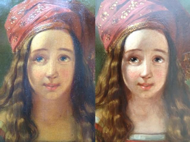 Oil paintings can be cleaned, repaired and retouched with a sympathetic eye. Yellowed and darkened varnish can be safely removed to reveal the true beauty of the painting and varnished with a non-yellowing conservation varnish.